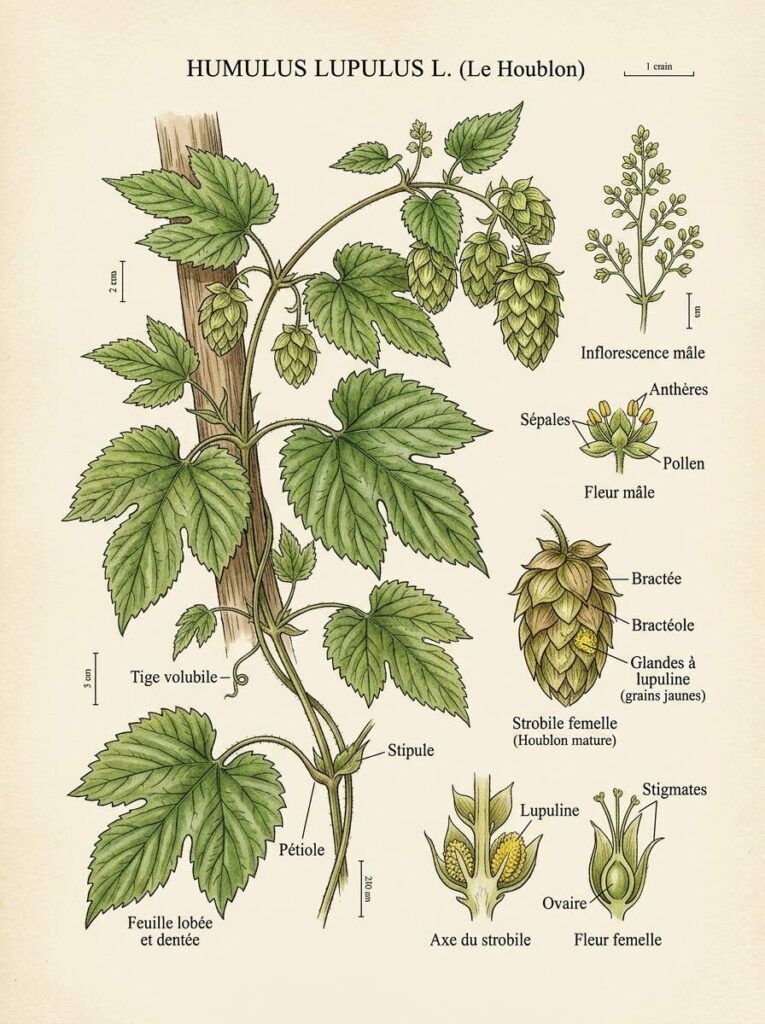 Humulus lupulus illustration botanique