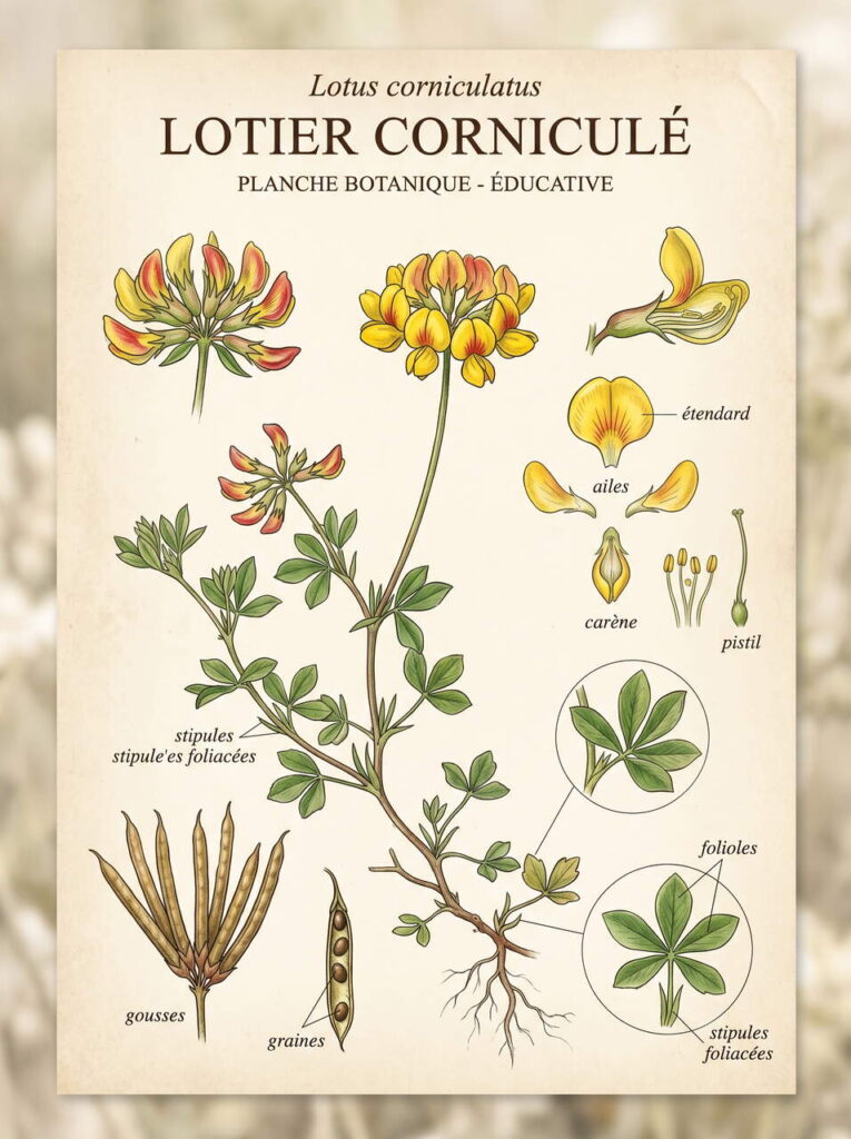 Illustration botanique du lotier corniculé Illustration du lotier corniculé