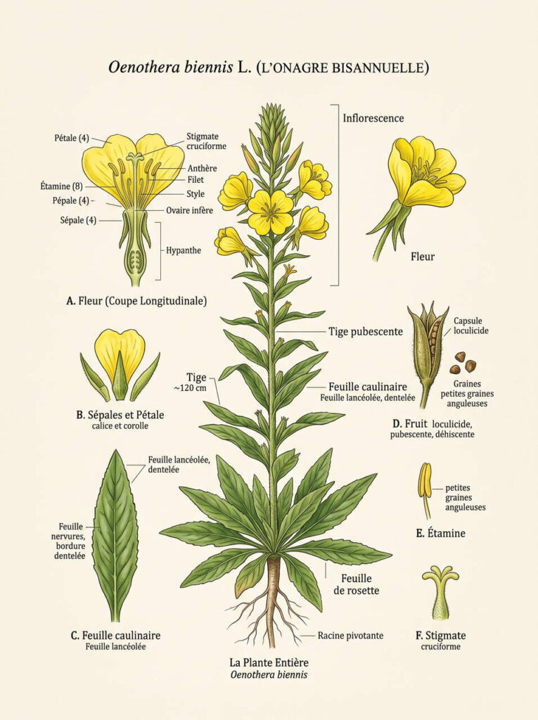 Oenothera biennis illustration botanique