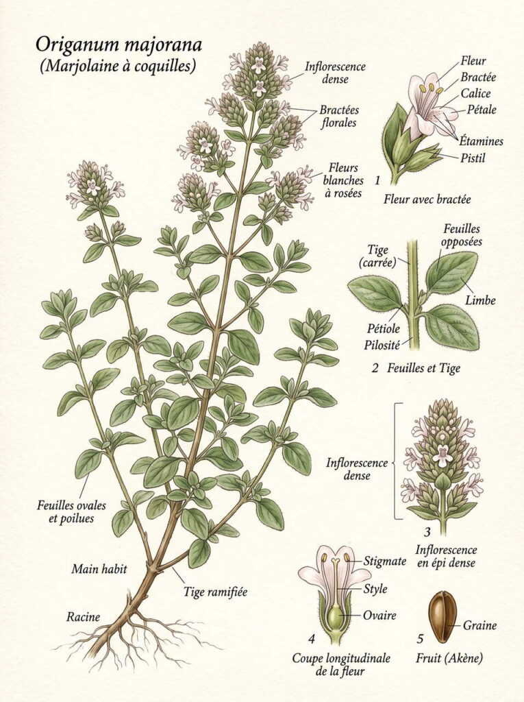 Illustration botanique d'origanum majorana Origanum majorana étiqueté