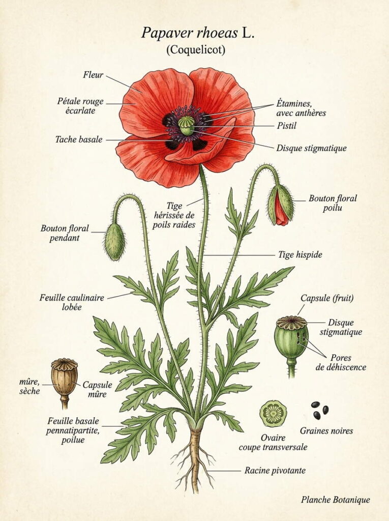 Papaver rhoeas illustration botanique