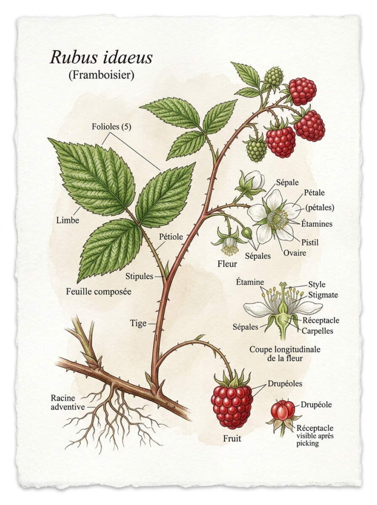 Illustration botanique de Rubus idaeus Rubus idaeus avec parties étiquetées
