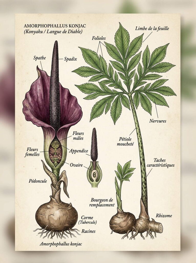 Illustration botanique d'Amorphophallus Fleurs d'Amorphophallus konjac