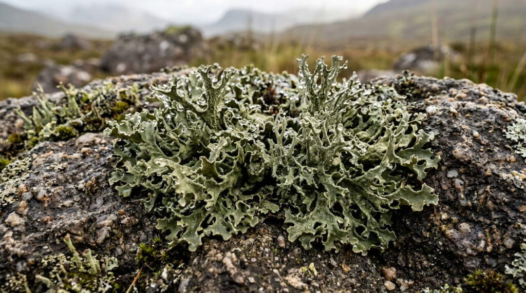Lichen centraria islandica sur une roche Lichen centraria islandica