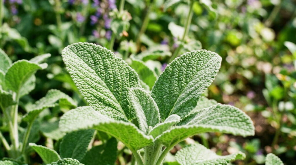 Gros plan sur les feuilles de marrubium Marrubium album feuilles variées