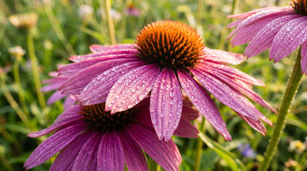 Gouttes de rosée sur échinacée Echinacée avec gouttes de rosée