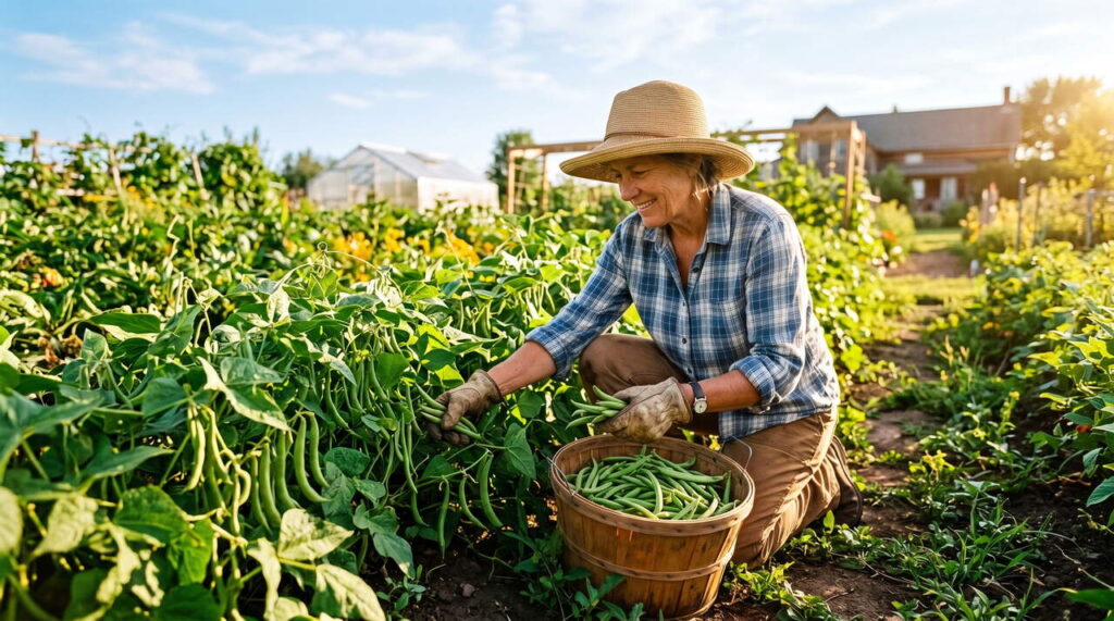 Récolte de haricots au jardin Récolte de haricots frais