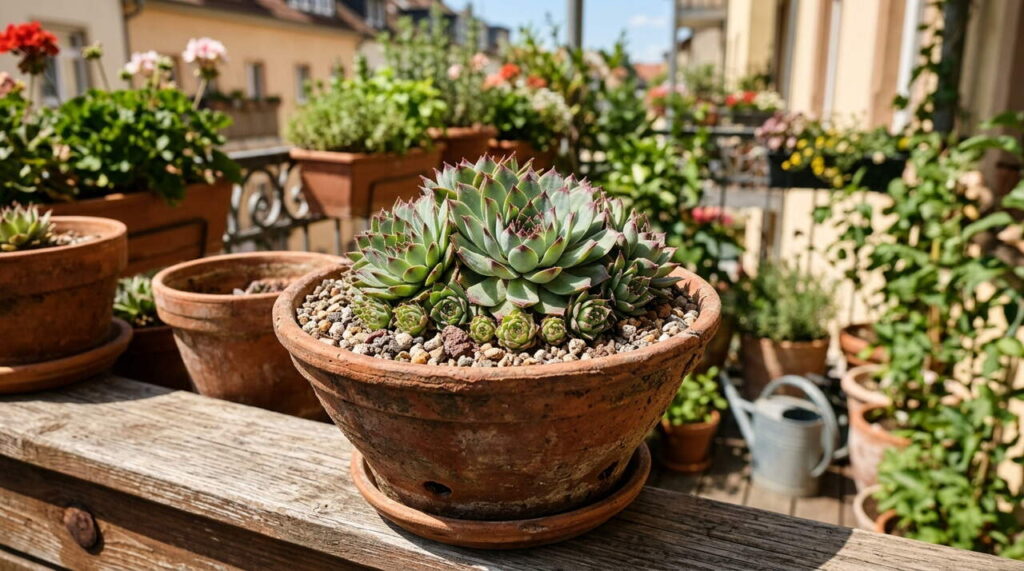Pot en terre cuite avec sempervivum