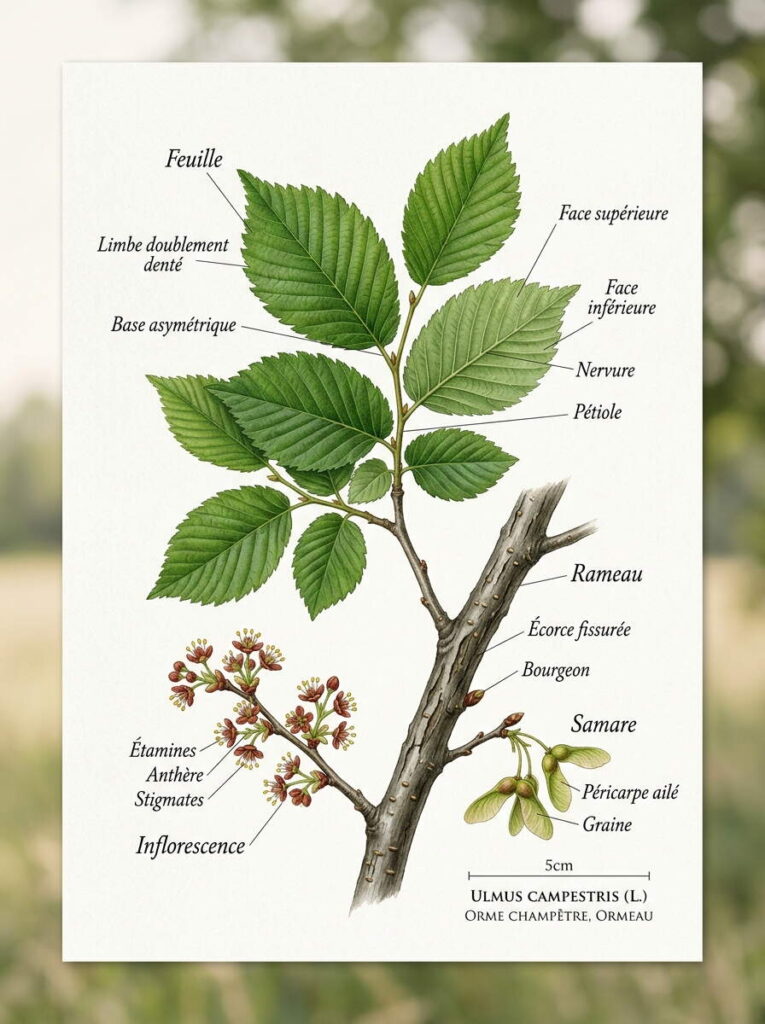 Detailed botanical illustration ulmus campestris displaying