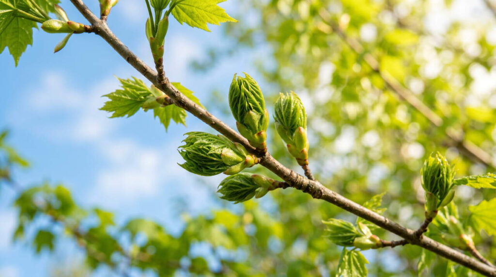 Vue réaliste des bourgeons d'érable Bourgeons d'érable au printemps