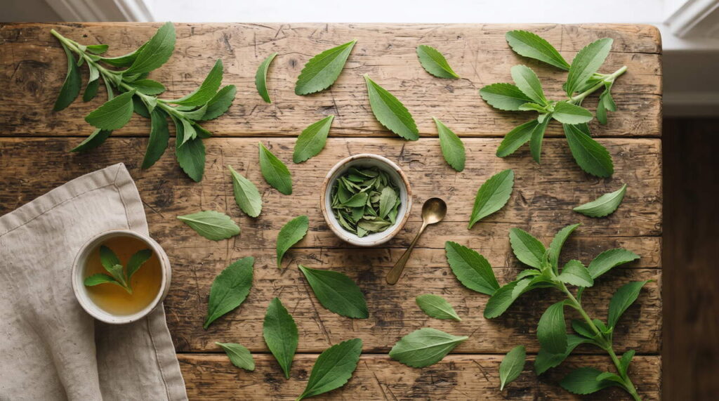Feuilles de stevia sur table