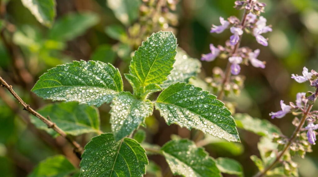 Gros plan feuilles Ocimum sanctum