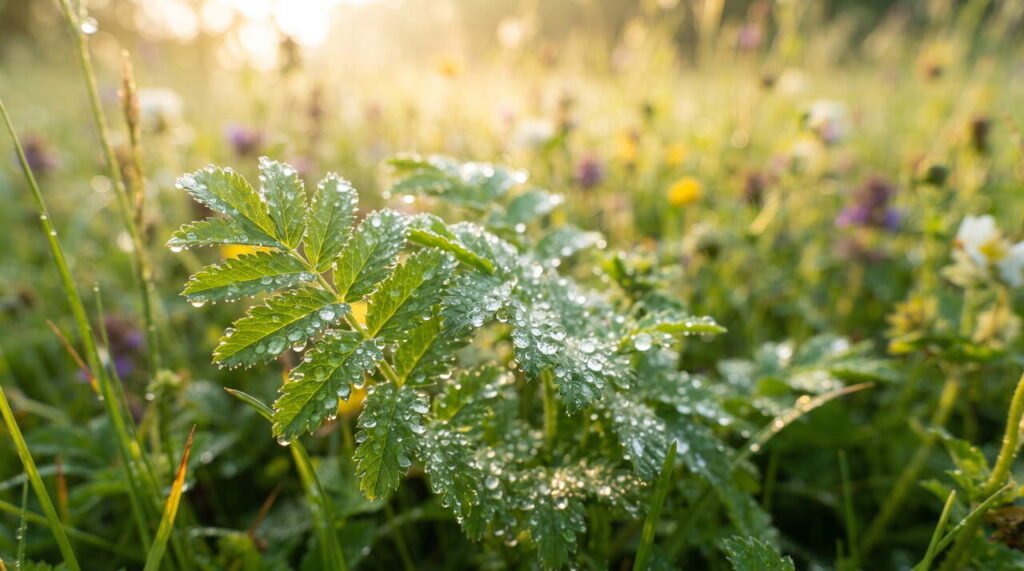 Gros plan sur les feuilles de pimprenelle Gros plan sur pimprenelle