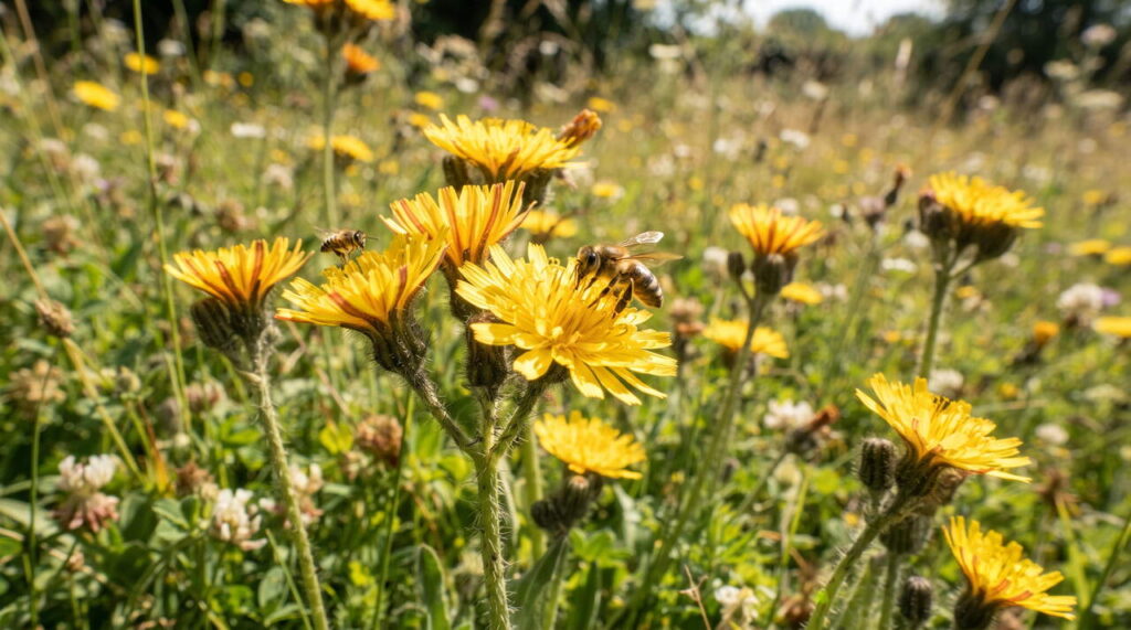 Gros plan de fleurs de piloselle Piloselle et abeilles