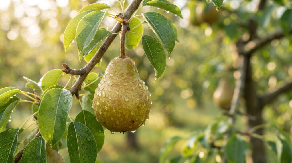 Gros plan d'une poire mûre Poire mûre sur un arbre