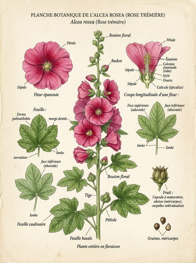 Botanique Alcea rosea illustration
