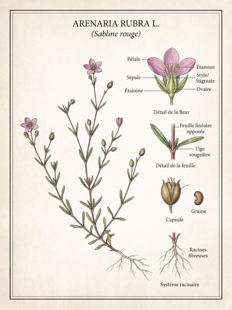Illustration botanique d'arenaria rubra Plante arenaria rubra sur sable