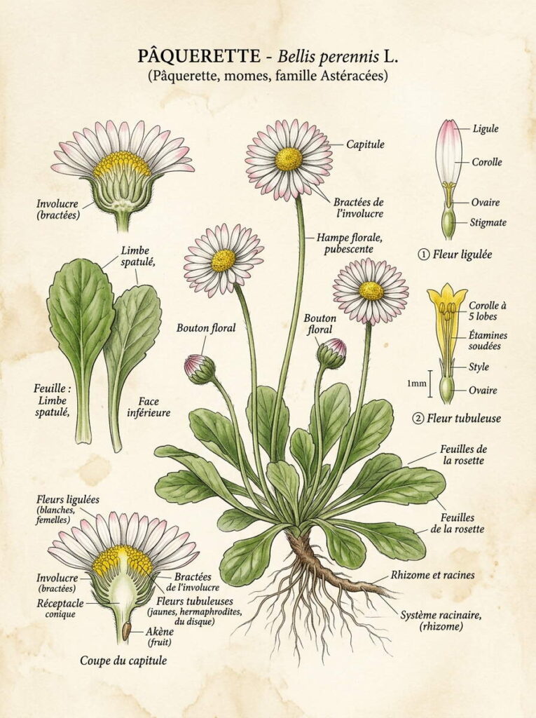 Illustration botanique de la paquerette Illustration botanique bellis perennis