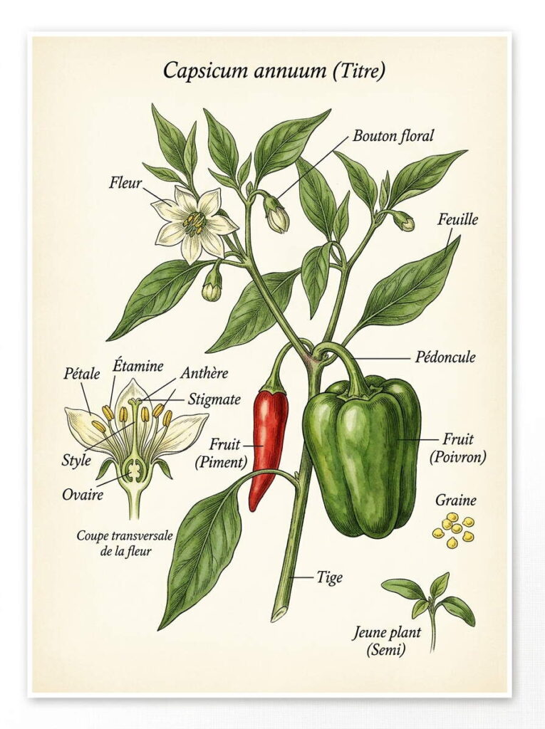 Illustration botanique de piments Capsicum annuum illustration