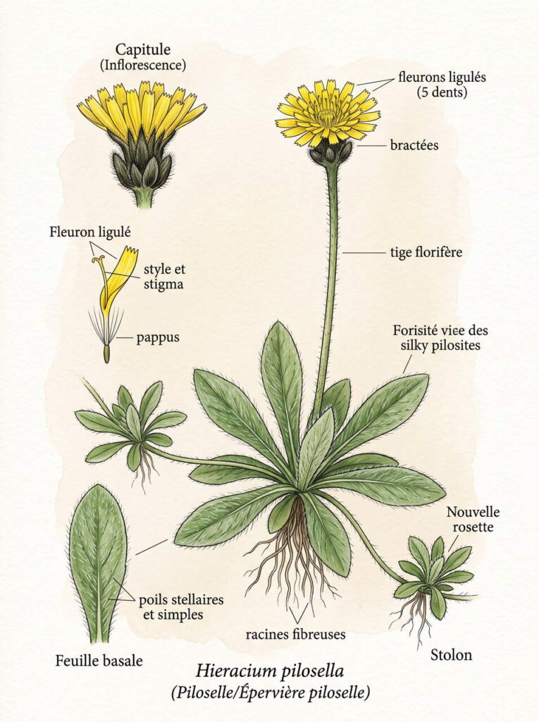 Illustration botanique de piloselle Illustration détaillée de piloselle