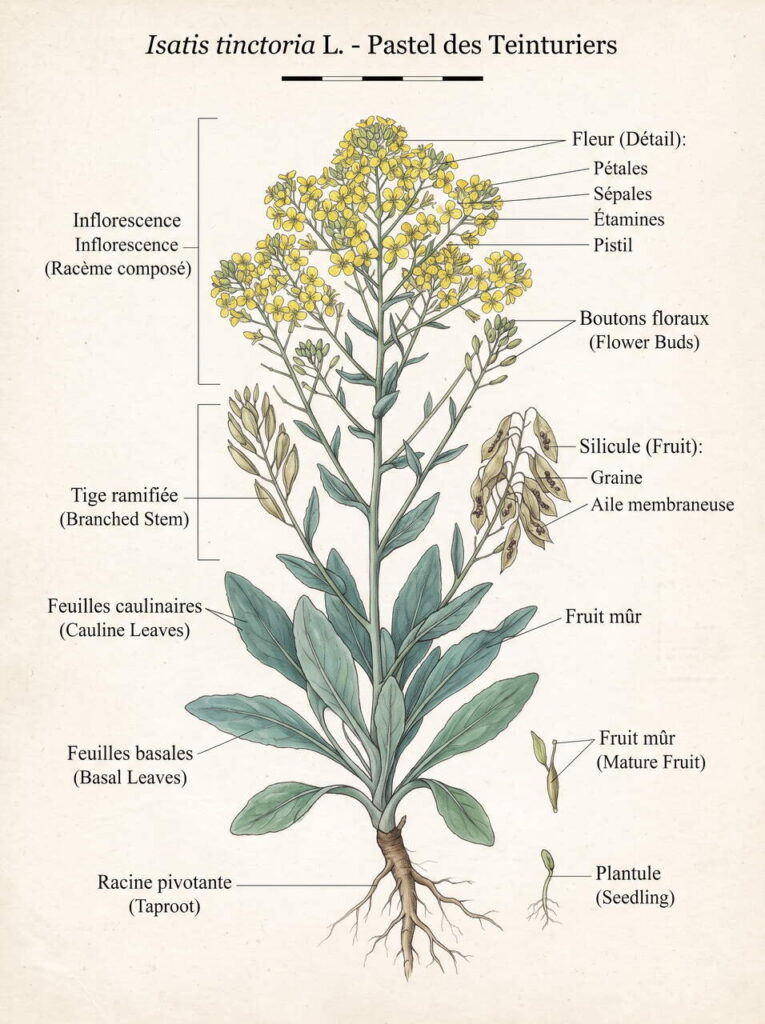 Illustration botanique d'Isatis tinctoria Illustration Isatis tinctoria étiquetée