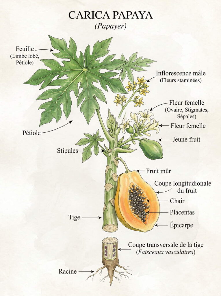 Illustration botanique de la papaye Carica papaya illustration botanique