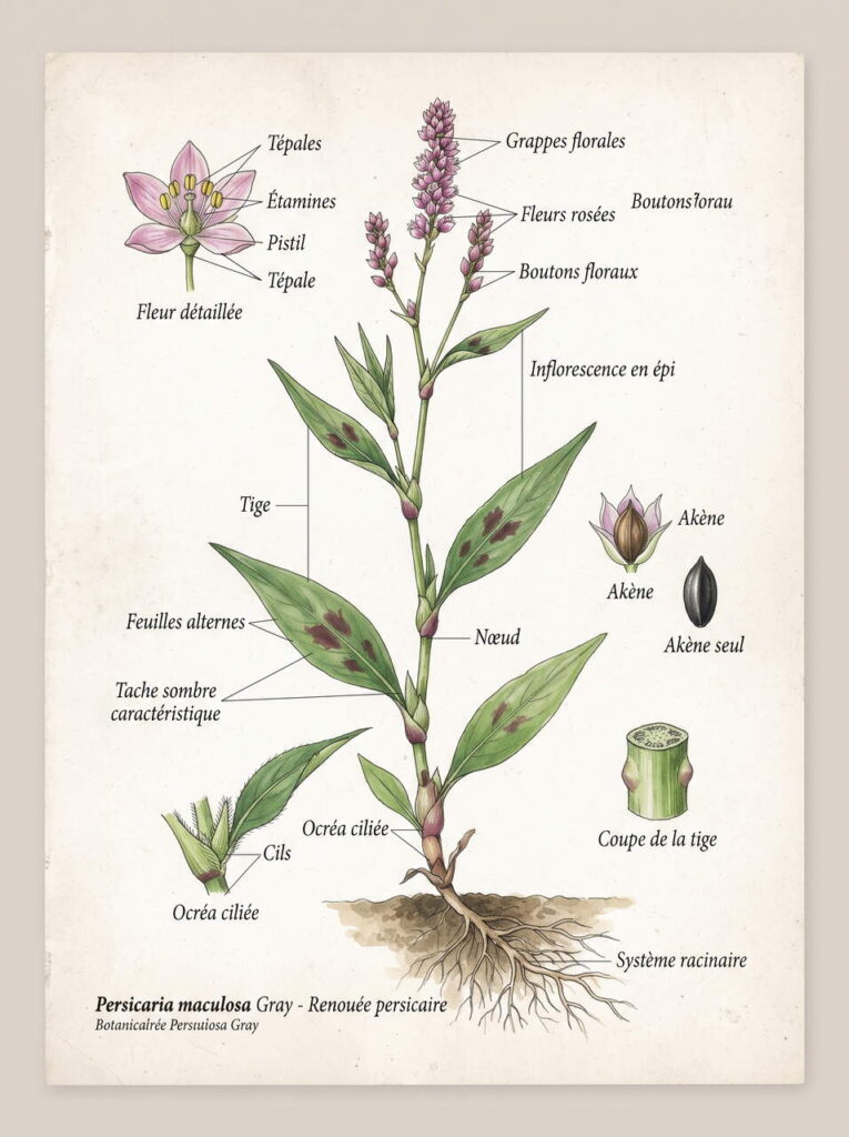 Illustration botanique de persicaria maculosa Détails des fleurs de persicaria