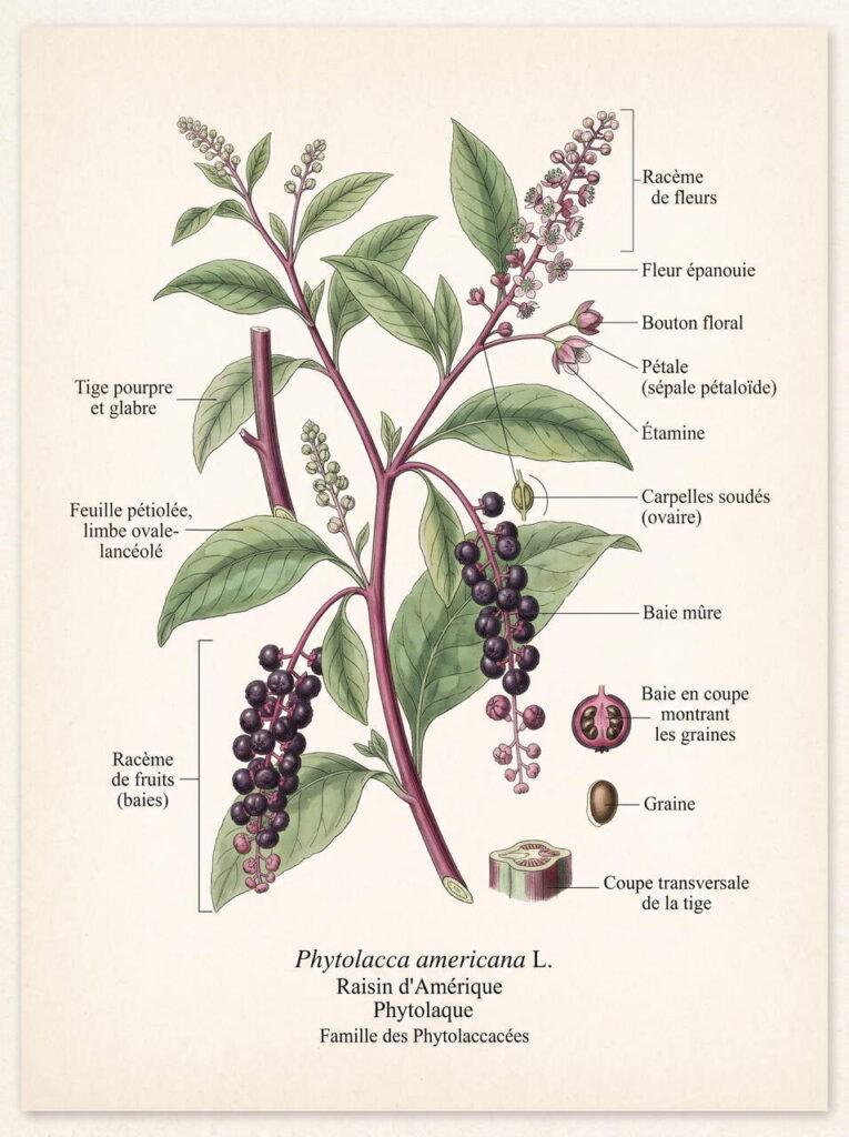 Illustration botanique de phytolacca Illustration phytolacca avec étiquettes