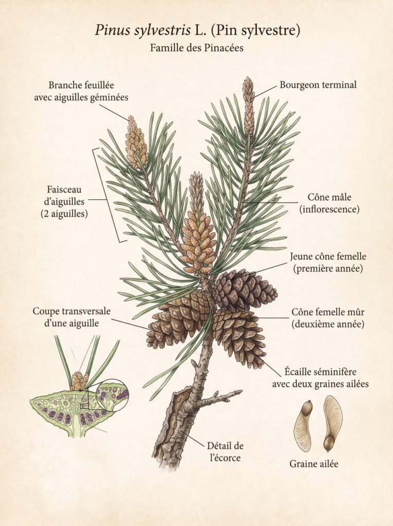 Illustration botanique du pin sylvestre Illustration botanique pinus sylvestris