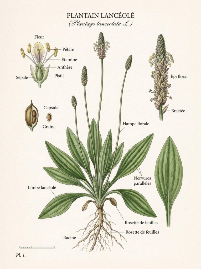 Illustration botanique du plantain Illustration botanique de plantain