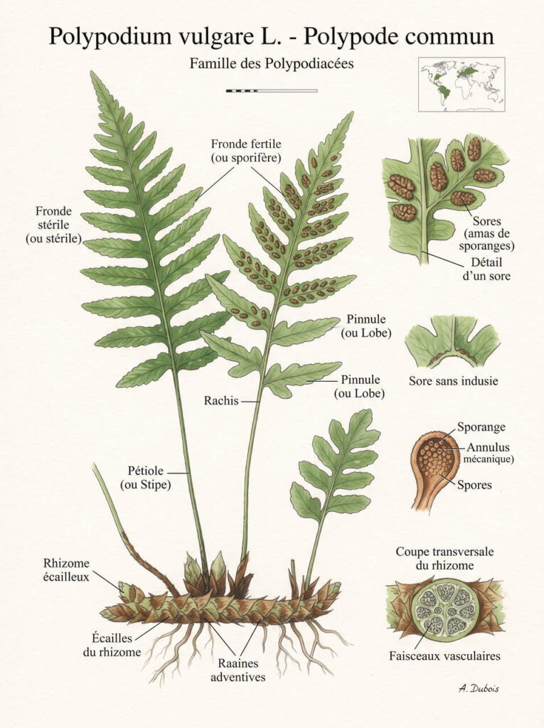 Illustration botanique de Polypodium vulgare Illustration Polypodium vulgare