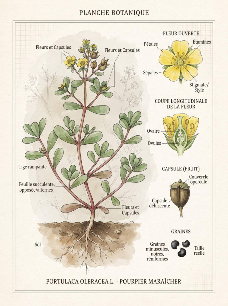 Illustration botanique de portulaca Illustration des feuilles portulaca