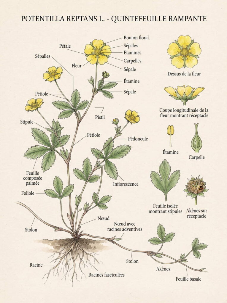 Illustration botanique de potentille Identifiants potentille reptans