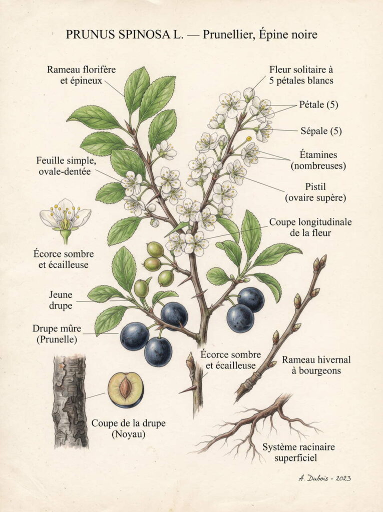 Illustration botanique du prunus spinosa Illustration prunus spinosa