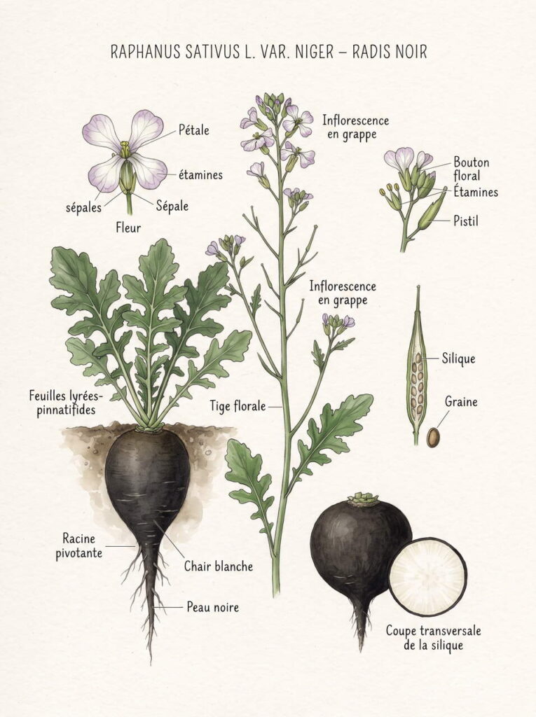 Botanique radis noir avec étiquettes