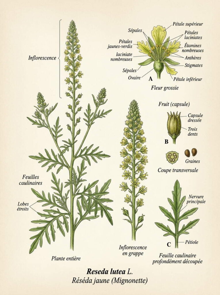 Illustration botanique de réséda lutea Réséda lutea
