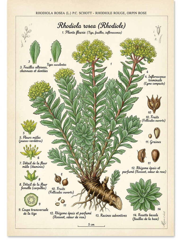 Illustration botanique de la rhodiole Illustration rhodiola rosea