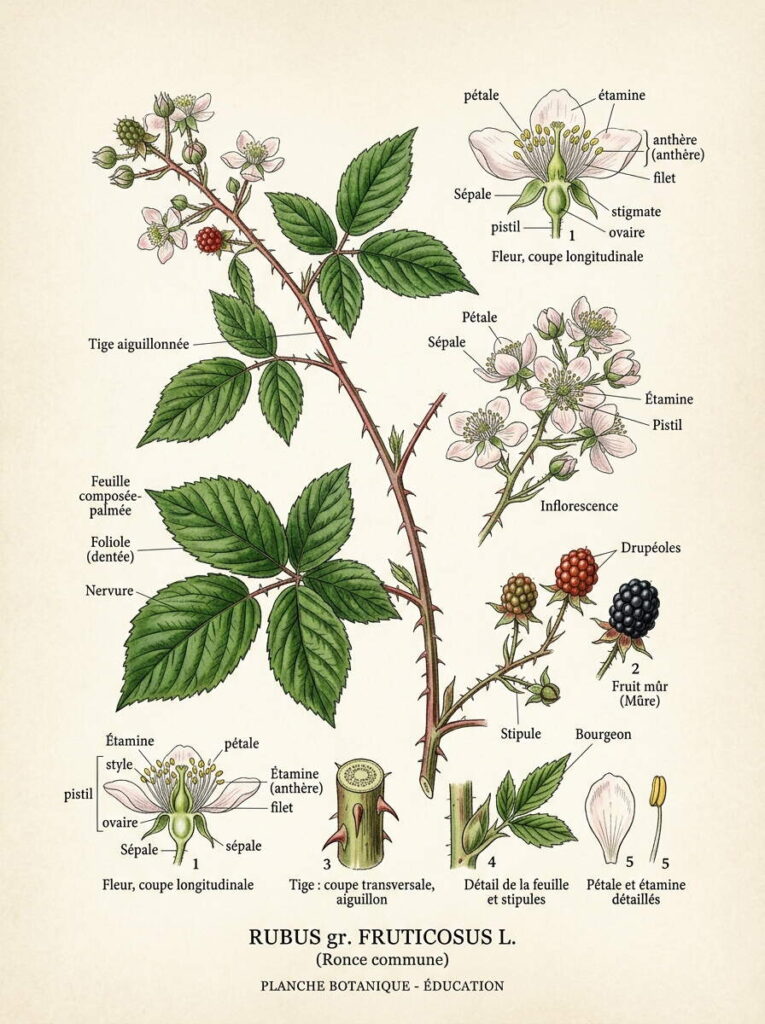 Illustration botanique de ronce Fleurs de ronce détaillées