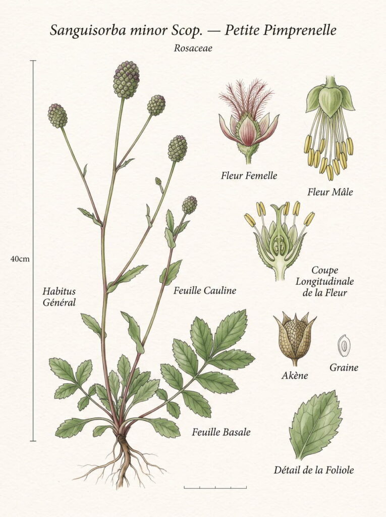 Illustration botanique de sanguisorba minor Détails de sanguisorba minor