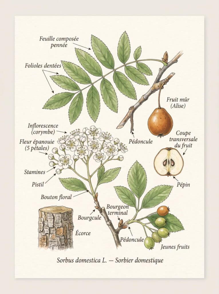 Illustration botanique du sorbier Baies du sorbier domestique
