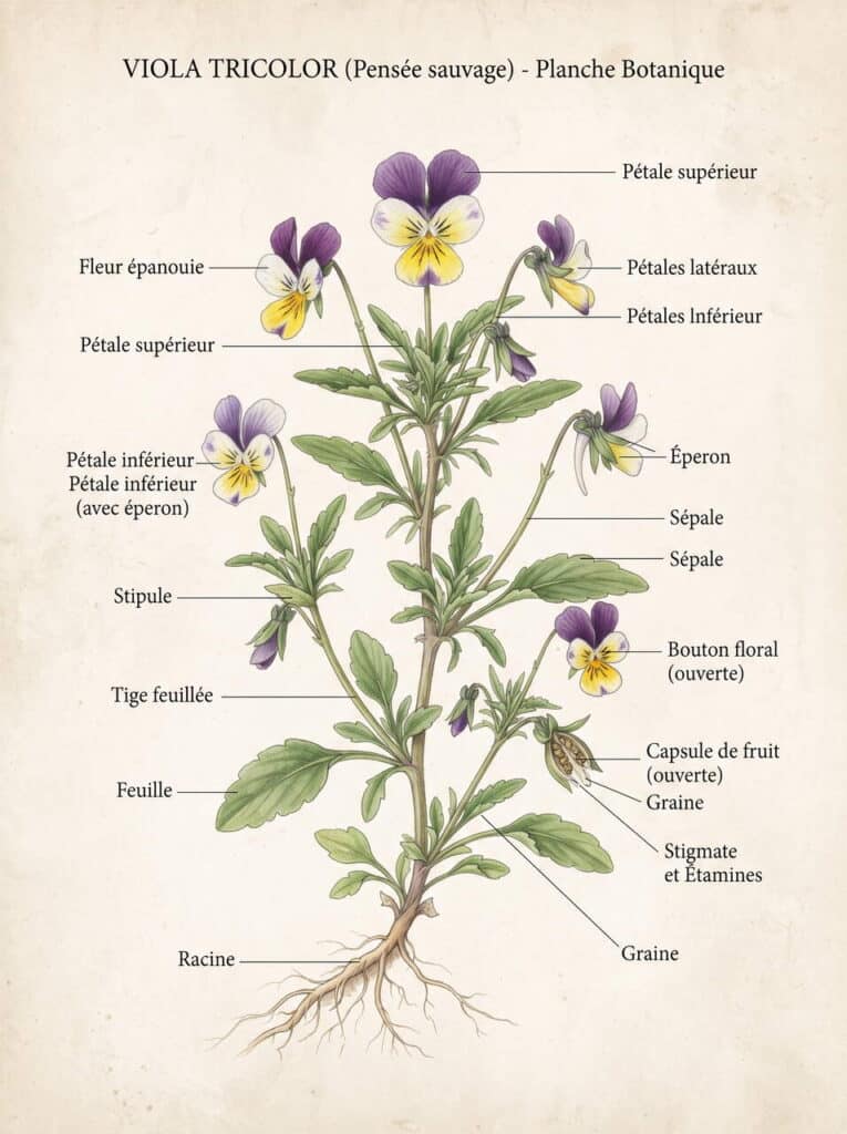 Illustration botanique de la pensée Viola tricolor illustration éducative