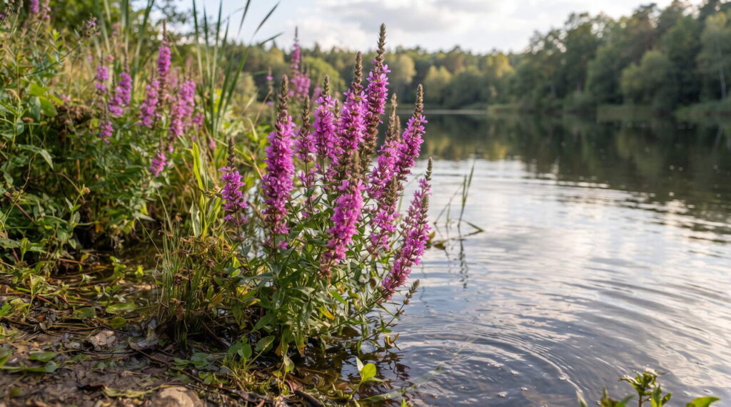 Fleurs Lythrum salicaria au bord de l'eau