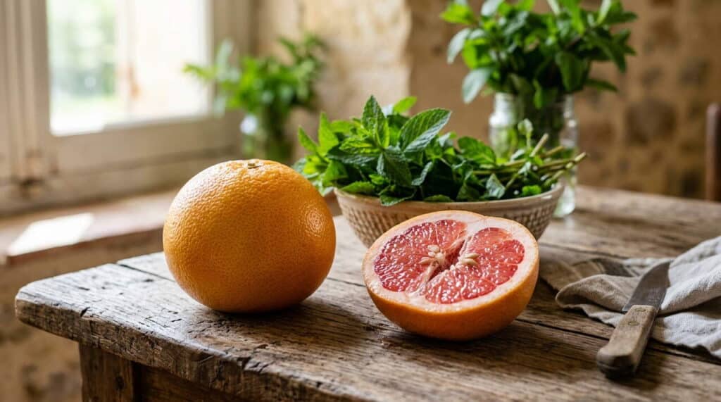 Pamplemousse sur table rustique