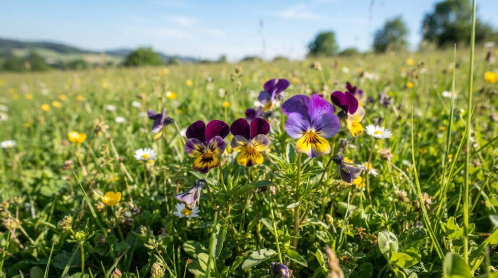 Pensées sauvages en prairie Fleurs de pensée sauvage