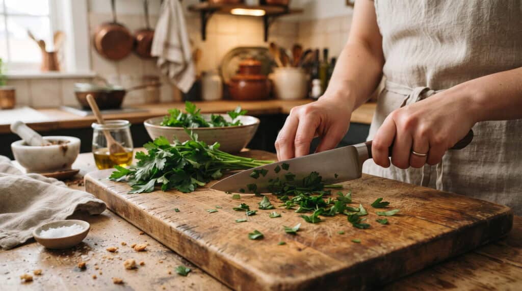 Persil haché sur planche à découper Persil haché en cuisine