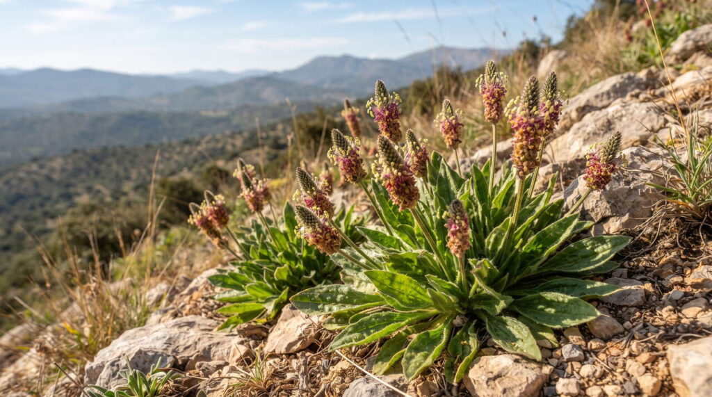 Plantago afra sur un paysage rocheux Plantago afra sur paysage rocheux