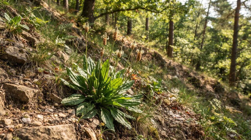 Plantain lancéolé dans un sol rocheux Plantain lanceolata en milieu naturel