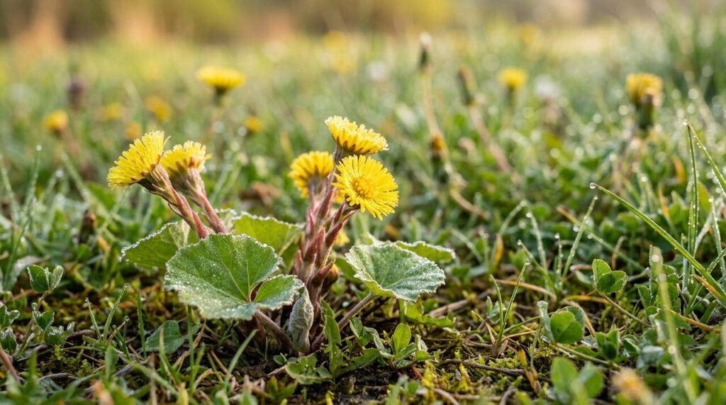 Fleurs de tussilago dans la prairie