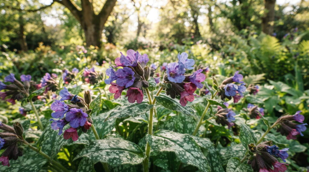 Fleurs de pulmonaria officinalis en jardin Fleurs de pulmonaria officinalis