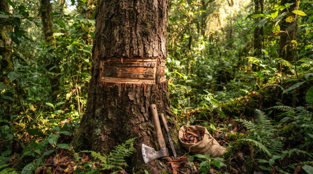 Écorce de Pygeum africanum en gros plan Arbre Pygeum africanum médicinal